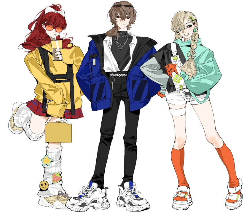 1boy 2girls akechi_gorou alternate_costume aqua_eyes aqua_eyeshadow aqua_jacket bag black_jacket black_pants black_shirt blonde_hair blue_jacket bow braid brown_hair bubble_tea closed_mouth cup drinking_straw drinking_straw_in_mouth eyeshadow eyewear_on_head fashion full_body glasses gloves hair_ornament hairclip hand_on_own_hip handbag hands_in_pockets high_ponytail highres holding holding_bag holding_cup jacket jewelry kneehighs leg_up leglet long_hair long_sleeves loose_socks makeup metal_belt miniskirt multicolored_clothes multicolored_jacket multiple_girls necklace open_clothes open_jacket open_mouth open_shirt orange-tinted_eyewear orange_gloves orange_socks pants persona persona_5 persona_5_the_royal plaid plaid_skirt red_eyes red_hair red_skirt round_eyewear sandals shirt shirt_tucked_in shirt_under_shirt shoes shorts simple_background skirt sleeves_past_fingers sleeves_past_wrists smile sneakers socks standing standing_on_one_leg streetwear sunglasses takamaki_anne teeth tinted_eyewear turtleneck_shirt twin_braids white_background white_bow white_footwear white_shirt white_shorts yellow_bag yellow_footwear yellow_jacket yoshizawa_kasumi yuirua55234 zipper