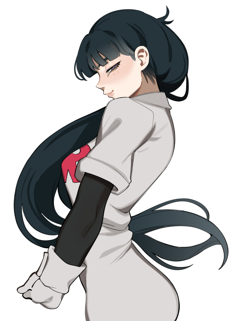 1girl absurdres ass black_eyes black_hair blush breasts closed_mouth dress from_side gloves highres long_hair looking_at_viewer own_hands_together pokemon pokemon_adventures porqueloin sabrina_(pokemon) sideways_glance simple_background smile solo standing straight_hair team_rocket team_rocket_uniform white_background white_dress white_gloves