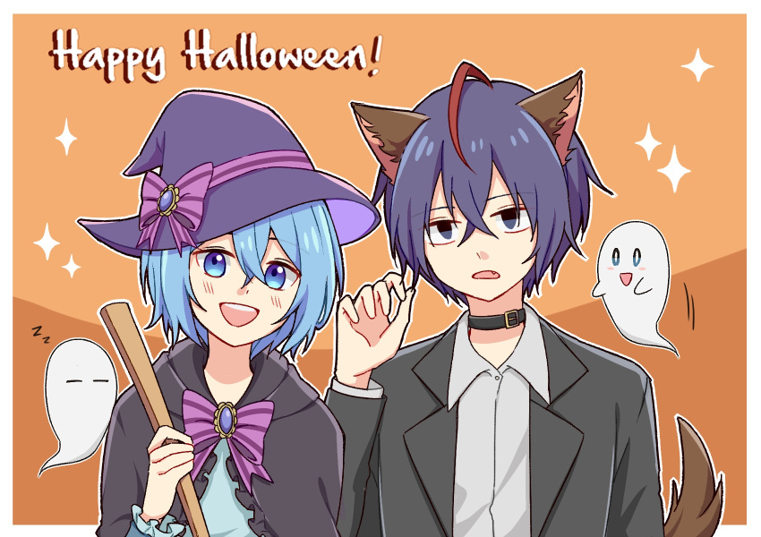 1boy 1girl alternate_costume animal_ears belt_collar biyo black_capelet black_collar black_eyes black_suit blue_eyes blue_hair border bow broom capelet claire_elford collar collared_shirt dark_blue_hair fake_animal_ears fake_tail fang gem ghost grey_shirt hair_between_eyes halloween halloween_costume hand_up happy_halloween hat hat_bow highres holding holding_broom looking_at_viewer multicolored_hair open_mouth orange_background outline paw_pose purple_bow purple_hat red_hair shirt short_hair single_hair_tube sparkle streaked_hair striped_bow suit tail teeth upper_teeth_only white_border white_outline white_shirt wilardo_adler witch's_heart witch_hat zzz