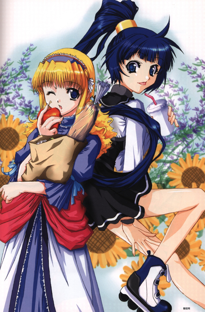2girls apple baguette bistro_cupid black_skirt blonde_hair blue_eyes blue_hair blue_hairband blue_ribbon bread brown_bag cup disposable_cup dress drinking_straw flower food frills fruit hair_ornament hair_ribbon hairband half_updo highres holding holding_food holding_fruit lavender_(flower) lavender_dentala long_hair long_sleeves looking_back multiple_girls official_art one_eye_closed open_mouth ponytail ribbon roller_skates scan sidelocks skates skirt smile sun_flower sunflower tongue tongue_out yellow_hairband