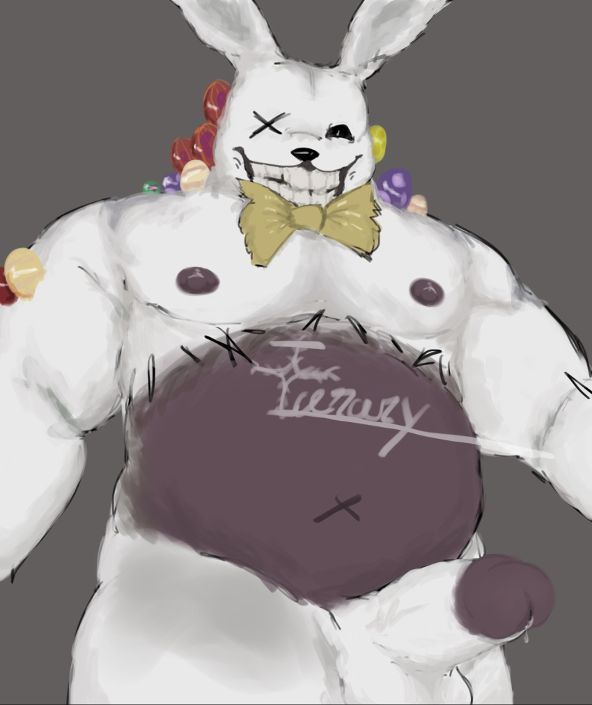 anthro bodily_fluids bow_tie bunny_ears_(disambiguation) easter easter_egg genital_fluids grin hi_res holidays icerary lagomorph leaking_precum leporid looking_at_viewer male mammal monster navel nipples precum pupils rabbit rabbit_ears roblox simple_background sinister_bunny_(the_mimic) slightly_chubby slightly_chubby_male slit_pupils smile solo stitch_(sewing) tagme teeth teeth_showing the_mimic x_eye yellow_bow_tie