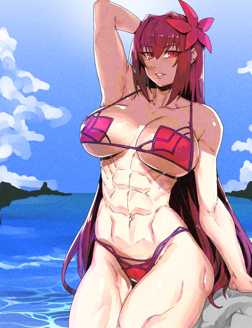 1girl abs absurdres against_rock arm_up bare_shoulders blue_sky breasts cleavage commentary_request cowboy_shot fate/grand_order fate_(series) hair_ornament highres large_breasts long_hair looking_at_viewer minew muscular muscular_female navel official_alternate_costume outdoors purple_hair red_eyes scathach_(fate) scathach_(swimsuit_assassin)_(fate) sky smile solo very_long_hair