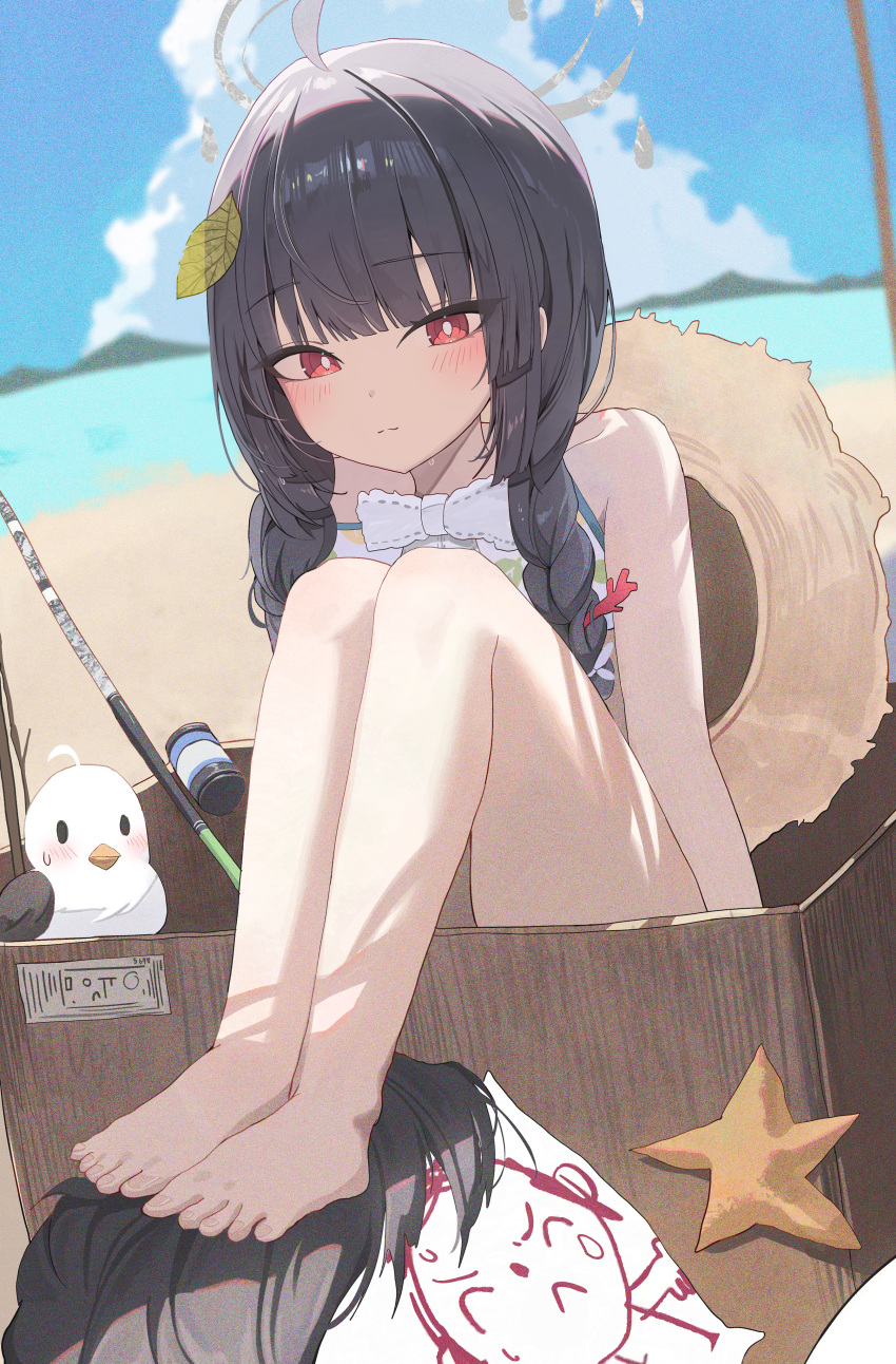 1boy 1girl absurdres animal bare_arms bare_legs bare_shoulders barefoot beach bikini bird black_hair blue_archive blush braid closed_mouth day doodle_sensei_(blue_archive) ellaje feet fishing_rod grey_halo halo highres leaf leaf_on_head leaf_print long_hair miyu_(blue_archive) miyu_(swimsuit)_(blue_archive) ocean official_alternate_costume official_alternate_hairstyle outdoors print_bikini red_eyes seagull sensei_(blue_archive) swimsuit toes twin_braids white_bikini