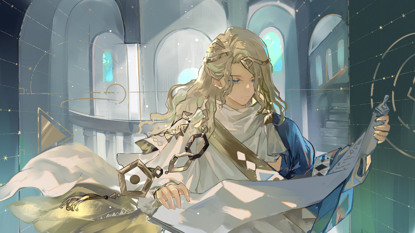 1boy 6_(reverse:1999) ancient_greek_clothes arch blonde_hair blue_background blue_eyes circle circlet emphasis_lines greco-roman_clothes hands_up highres himation holding holding_scroll long_hair looking_at_object looking_down male_focus railing reading reverse:1999 scroll solo tang_qi_zang triangle upper_body