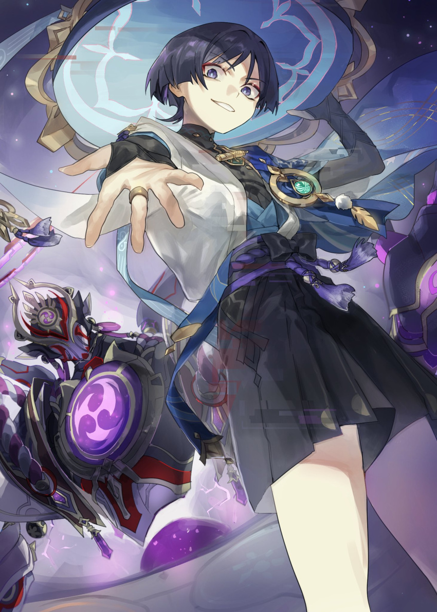 1boy black_bow black_hair black_shirt black_shorts blue_cape blue_hat blue_ribbon blunt_ends bow bridal_gauntlets cape choppy_bangs commentary_request crazy_smile electricity eyeshadow genshin_impact grin hair_between_eyes hand_on_headwear hand_up hat hat_ribbon highres jacket jingasa looking_at_viewer makeup male_focus open_clothes open_jacket outstretched_hand parted_bangs pom_pom_(clothes) purple_eyes purple_sash red_eyeshadow ribbon sash scaramouche_(genshin_impact) scaramouche_(shouki_no_kami)_(genshin_impact) shirt short_hair short_sleeves shorts smile solo standing talesofmea tassel v-shaped_eyebrows vision_(genshin_impact) wanderer_(genshin_impact) white_jacket wide_sleeves