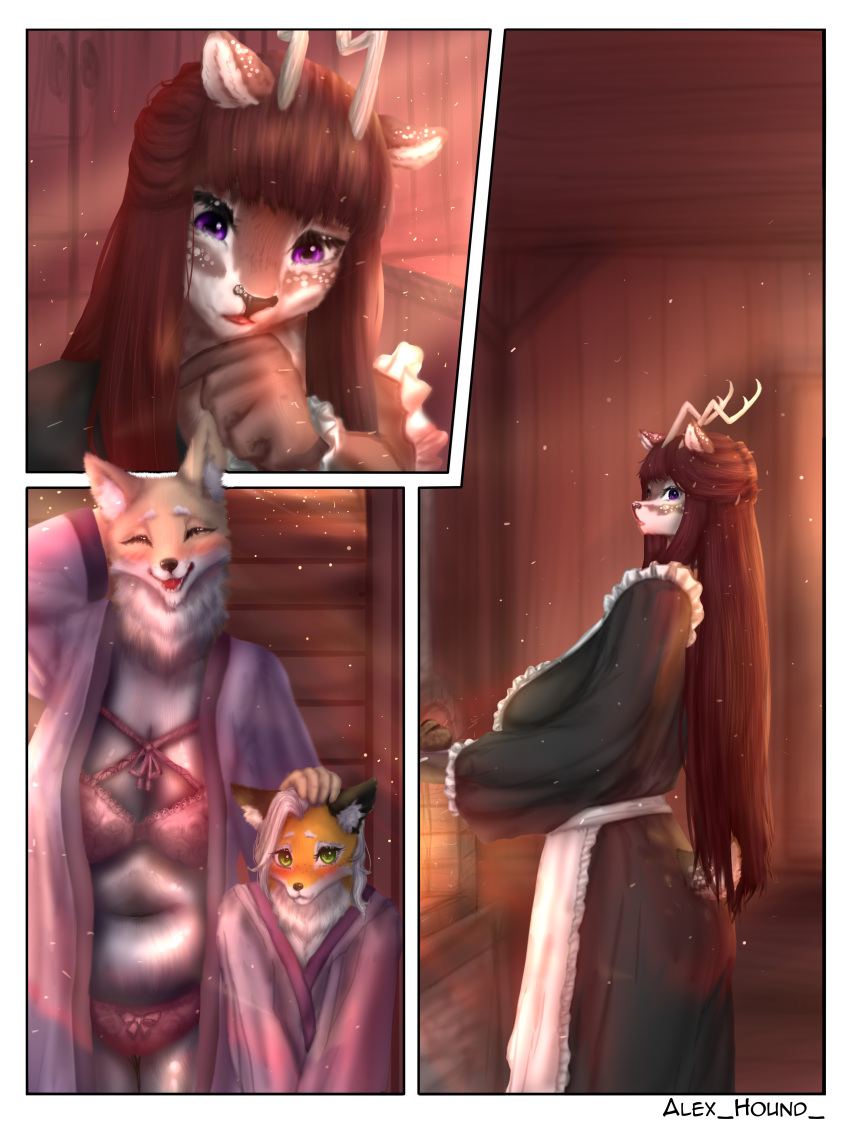 absurd_res alex_hound anthro canid canine clothing comic connor_(alex_hound) deer eleanor_(alex_hound) female fox girly group hi_res larger_female maid_uniform male male/female mammal mature_female overweight size_difference trio uniform