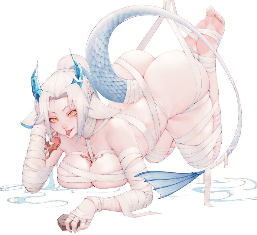 1girl arm_tattoo ass barefoot blue_hair blue_horns blue_tail braid breasts chest_tattoo cleavage collarbone dragon_girl dragon_tail floppy_ears forked_tongue highres holding horns indie_virtual_youtuber large_breasts long_hair meiniianos mole mole_under_eye multicolored_hair mummification_(non_bound) ponytail ray_hime_(vtuber) restrained second-party_source solo streaked_hair tail tattoo tongue virtual_youtuber white_hair yellow_eyes