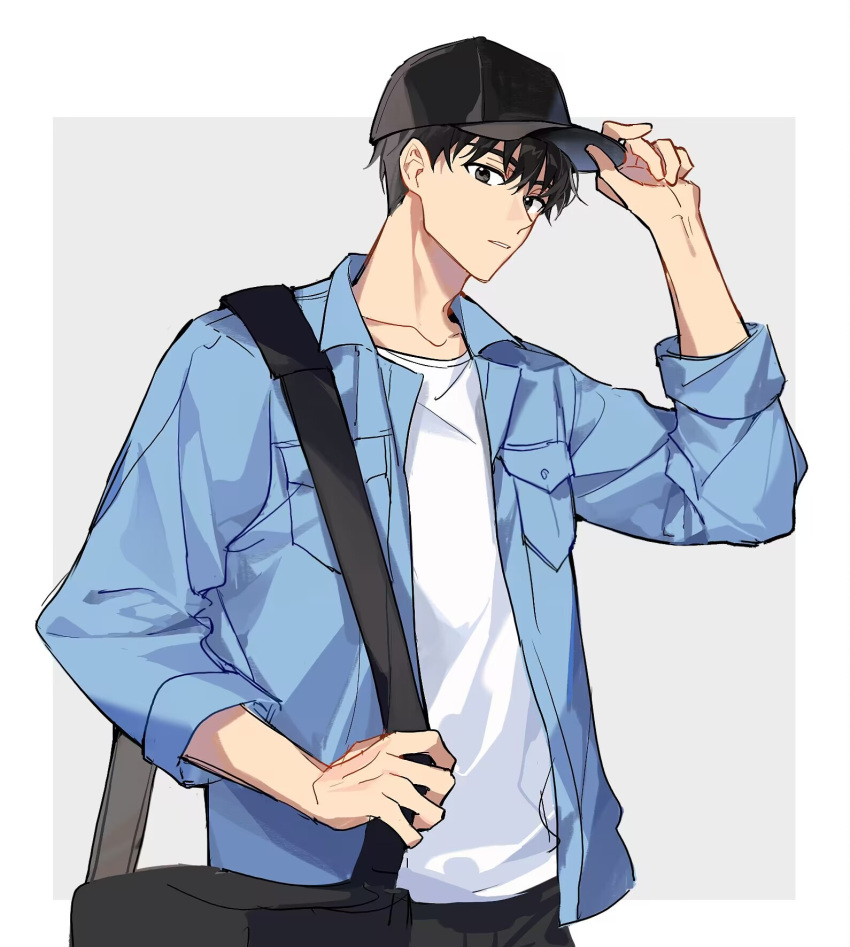 1boy bag baseball_cap blue_jacket border breast_pocket collared_jacket cowboy_shot grey_background hands_on_headwear hat highres holding holding_bag jacket jeong_taeui k_sui0424 long_sleeves male_focus passion_(manhwa) pocket shirt solo white_border white_shirt