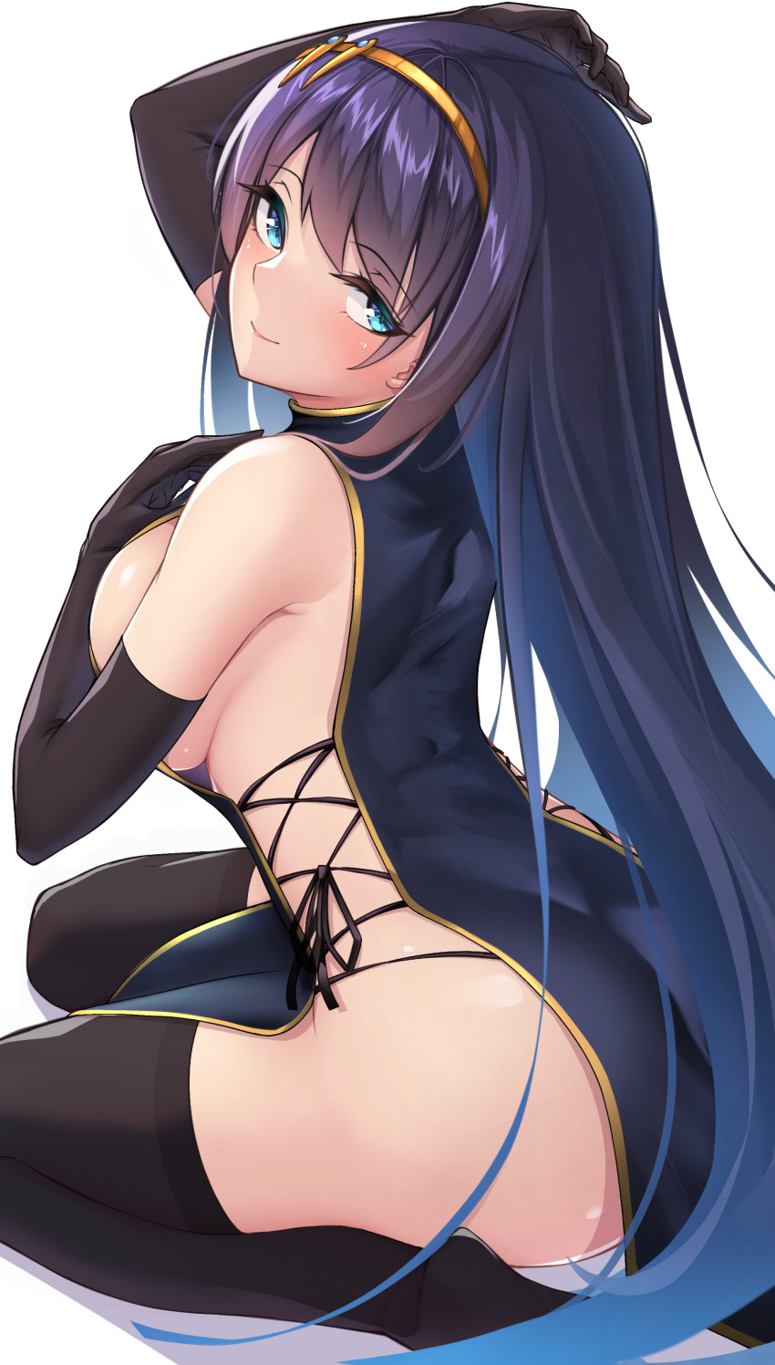 1girl absurdres aethel_(fieldmarshal98) arm_up ass black_gloves black_thighhighs blue_eyes breasts closed_mouth commission cross-laced_clothes cross-laced_dress dress elbow_gloves from_behind from_side gloves highres large_breasts long_hair looking_at_viewer looking_back no_bra no_shoes original pelvic_curtain purple_hair rikiddo_(tise_00) second-party_source shiny_skin sideboob sideless_dress sideless_outfit simple_background sitting skeb_commission sleeveless sleeveless_dress smile solo textless_version thighhighs tiara very_long_hair wariza white_background