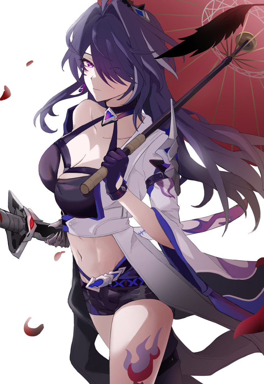 1girl absurdres acheron_(honkai:_star_rail) awe_(adorableduckyy) black_gloves black_shorts breasts cleavage coat cowboy_shot gloves hair_intakes hair_over_one_eye highres holding holding_sword holding_umbrella holding_weapon honkai:_star_rail honkai_(series) katana large_breasts leg_tattoo long_hair looking_at_viewer midriff navel purple_eyes purple_hair red_umbrella scabbard sheath short_shorts shorts simple_background single_bare_shoulder solo standing stomach sword tattoo thighs umbrella very_long_hair weapon white_background white_coat
