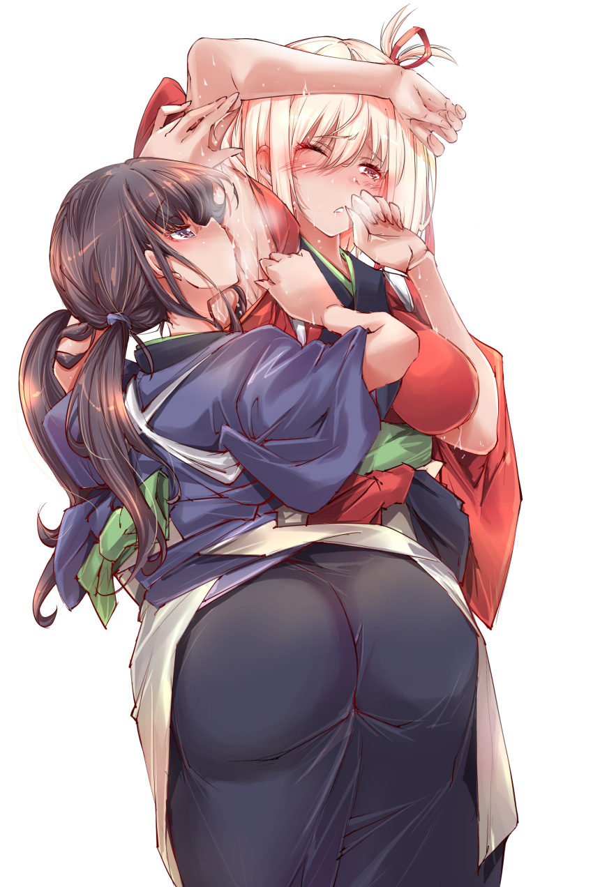 2girls arm_up armpits ass black_hair blonde_hair blush breasts dated hair_ribbon highres inoue_takina japanese_clothes kimono large_breasts licking licking_armpit long_hair lycoris_recoil medium_hair multiple_girls nishikigi_chisato one_eye_closed purple_eyes ribbon smelling_armpit sweat twintails yazawa_mana yuri