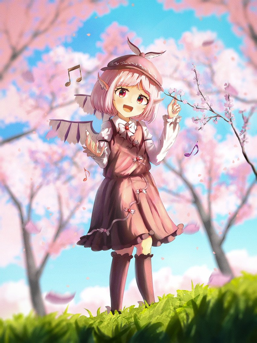 1girl animal_ears beamed_eighth_notes bird_ears bird_wings black_footwear blush brown_dress brown_hat brown_socks cherry_blossoms collared_shirt dress earrings eighth_note fingernails frilled_sleeves frills full_body highres jewelry kneehighs long_fingernails long_sleeves musical_note mystia_lorelei nail_polish open_mouth petals pink_eyes pink_hair pink_nails sharp_fingernails shirt shoes short_hair single_earring sleeve_garter smile socks solo standing touhou white_shirt white_wings winged_footwear winged_hat wings yoirone