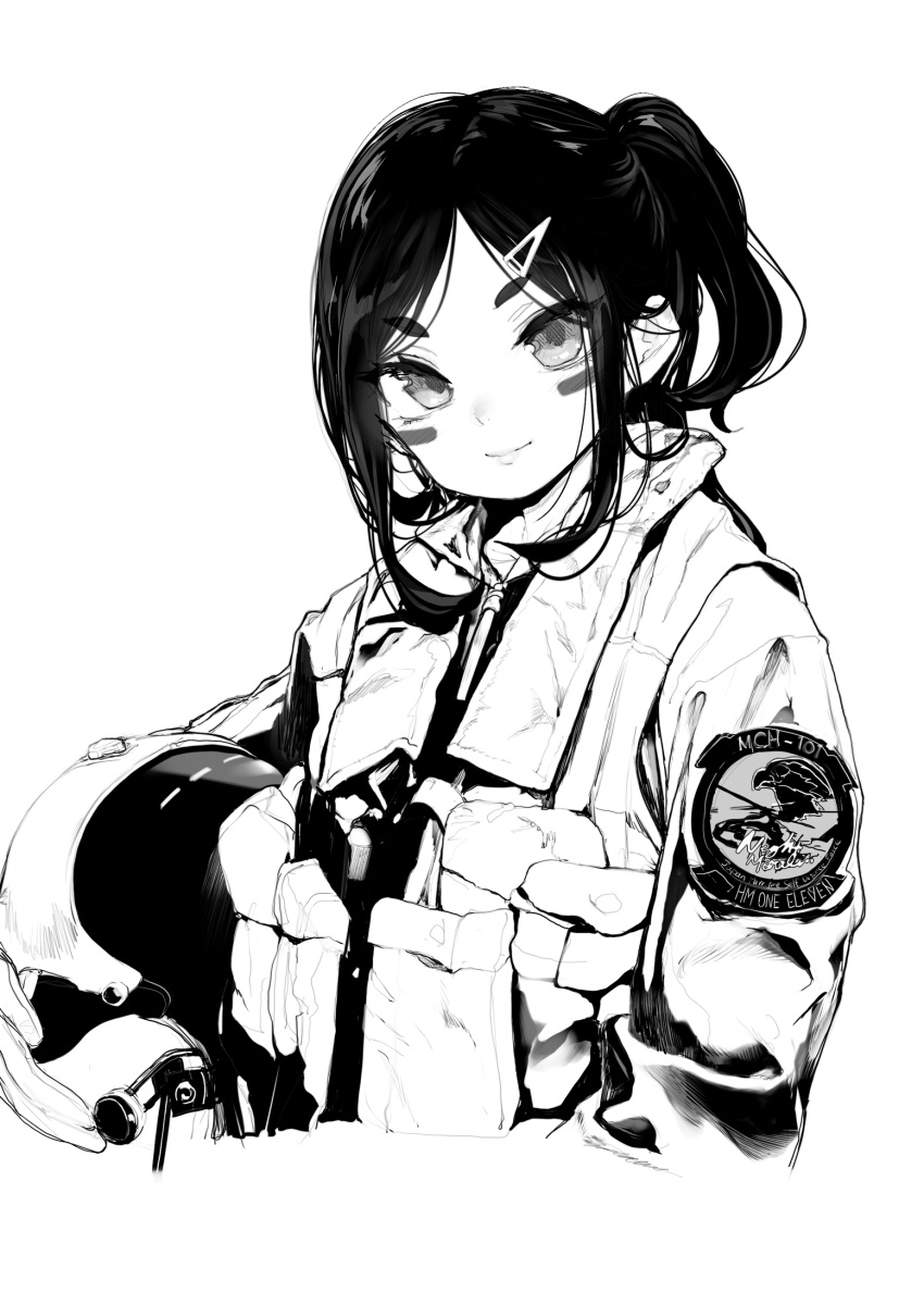 1girl closed_mouth commentary_request facepaint greyscale head_tilt helmet highres holding holding_helmet jacket looking_at_viewer military military_jacket military_uniform mochi_(circle_rin) monochrome original patch pilot_helmet pilot_suit ponytail science_fiction simple_background smile solo uniform unworn_headwear unworn_helmet upper_body white_background