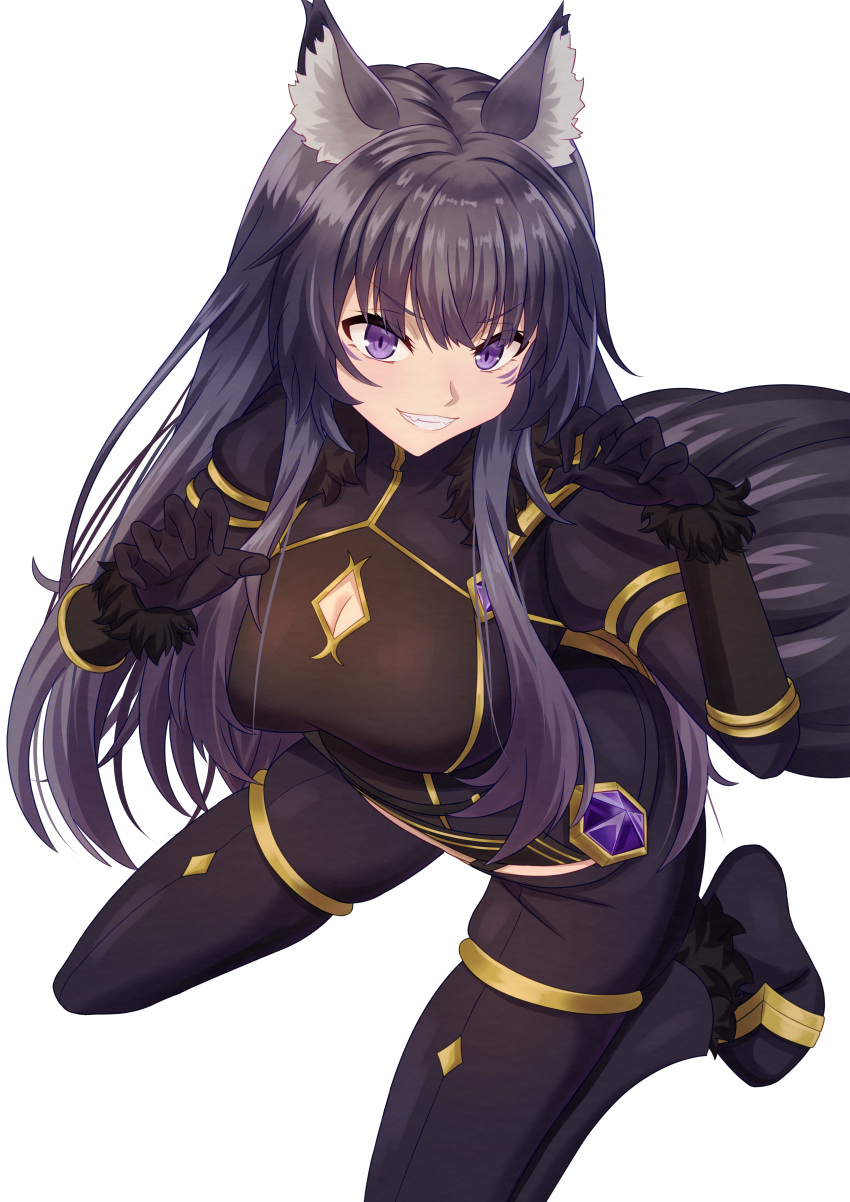 1girl absurdres animal_ear_fluff animal_ears black_gloves bodysuit breasts claw_pose cleavage cleavage_cutout clothing_cutout delta_(kage_no_jitsuryokusha_ni_naritakute!) from_above full_body gem gloves gold_trim grin hands_up highres kage_no_jitsuryokusha_ni_naritakute! kneeling long_hair looking_at_viewer purple_eyes purple_gemstone purple_hair smile solo tail user_yja4775 wolf_ears wolf_girl wolf_tail