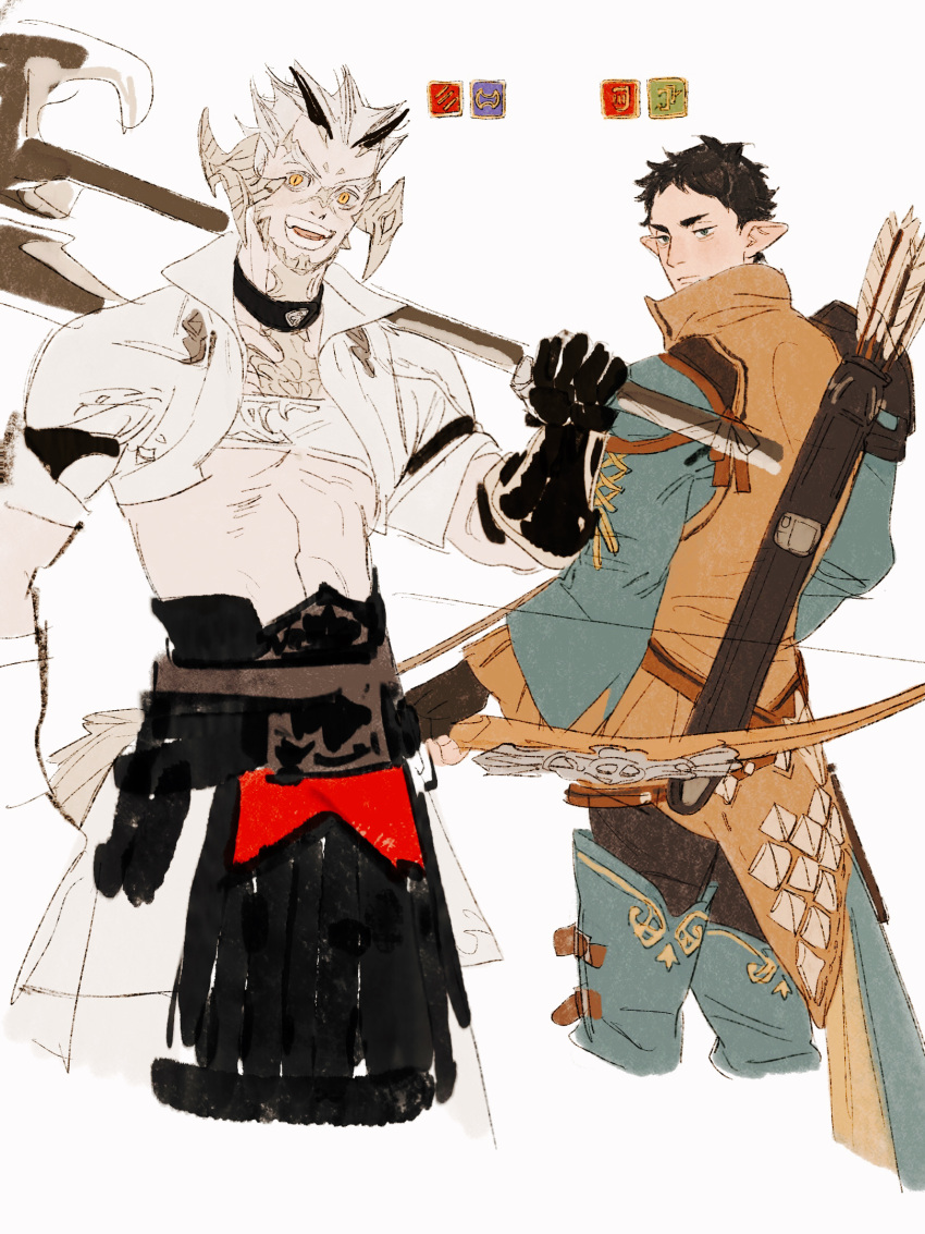 2boys akaashi_keiji alternate_race arrow_(projectile) au_ra black_gloves bokuto_koutarou bow_(weapon) brown_hair brown_horns brown_scales chengongzi123 closed_mouth colored_eyelashes commentary cropped_jacket cropped_legs elezen elf final_fantasy final_fantasy_xiv gloves green_eyes grey_hair haikyuu!! hand_up high_collar highres holding holding_bow_(weapon) holding_weapon horns lizard_tail long_sleeves looking_at_viewer looking_back low_horns male_focus multicolored_hair multiple_boys open_mouth over_shoulder pointy_ears quiver scales short_hair simple_background slit_pupils standing stomach streaked_hair symbol-only_commentary tail thick_eyebrows toned toned_male very_short_hair warrior_of_light_(ff14) weapon weapon_over_shoulder white_background wide_sleeves yellow_eyes