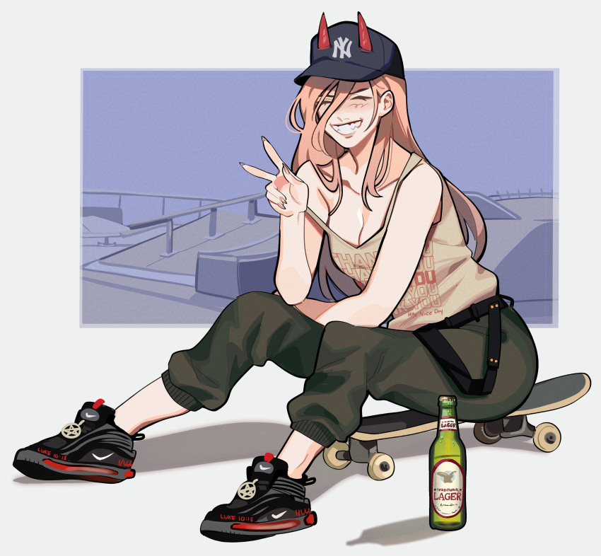 1girl :d absurdres baseball_cap beer_bottle belt black_belt black_footwear blush chainsaw_man closed_eyes demon_horns green_pants grin happy hat highres horns new_york_yankees orange_hair pants porqueloin power_(chainsaw_man) print_shirt red_horns shirt shoes sitting skateboard smile sneakers solo strap_slip tank_top v