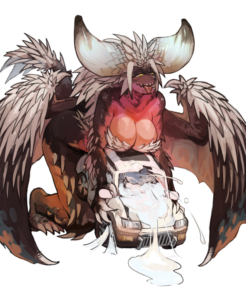 1girl absurdres colored_skin cum dragons_fucking_cars_(meme) highres horns implied_futanari meme miao_jiangyou monster_girl monster_hunter_(series) nergigante open_mouth orange_skin sharp_teeth solo spiked_arm spiked_tail spiked_wings tail teeth yellow_eyes