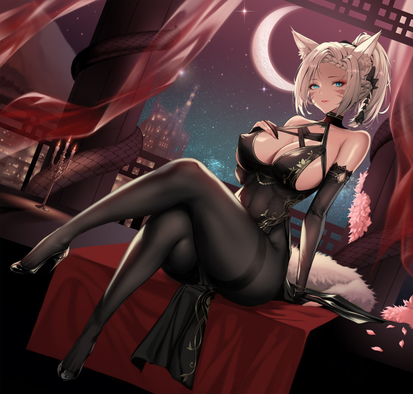 animal_ears arm_warmers black_dress black_footwear black_pantyhose blue_eyes breasts cat_ears cleavage commission covered_nipples crescent_moon crossed_legs curtains dress facial_mark final_fantasy final_fantasy_xiv grey_hair hair_ribbon hand_on_own_chest high_heels high_ponytail highres large_breasts light_smile looking_at_viewer mad_kimo moon pantyhose parted_lips pelvic_curtain ribbon sitting sky star_(sky) starry_sky thick_thighs thighs tight_clothes tight_dress warrior_of_light_(ff14) whisker_markings
