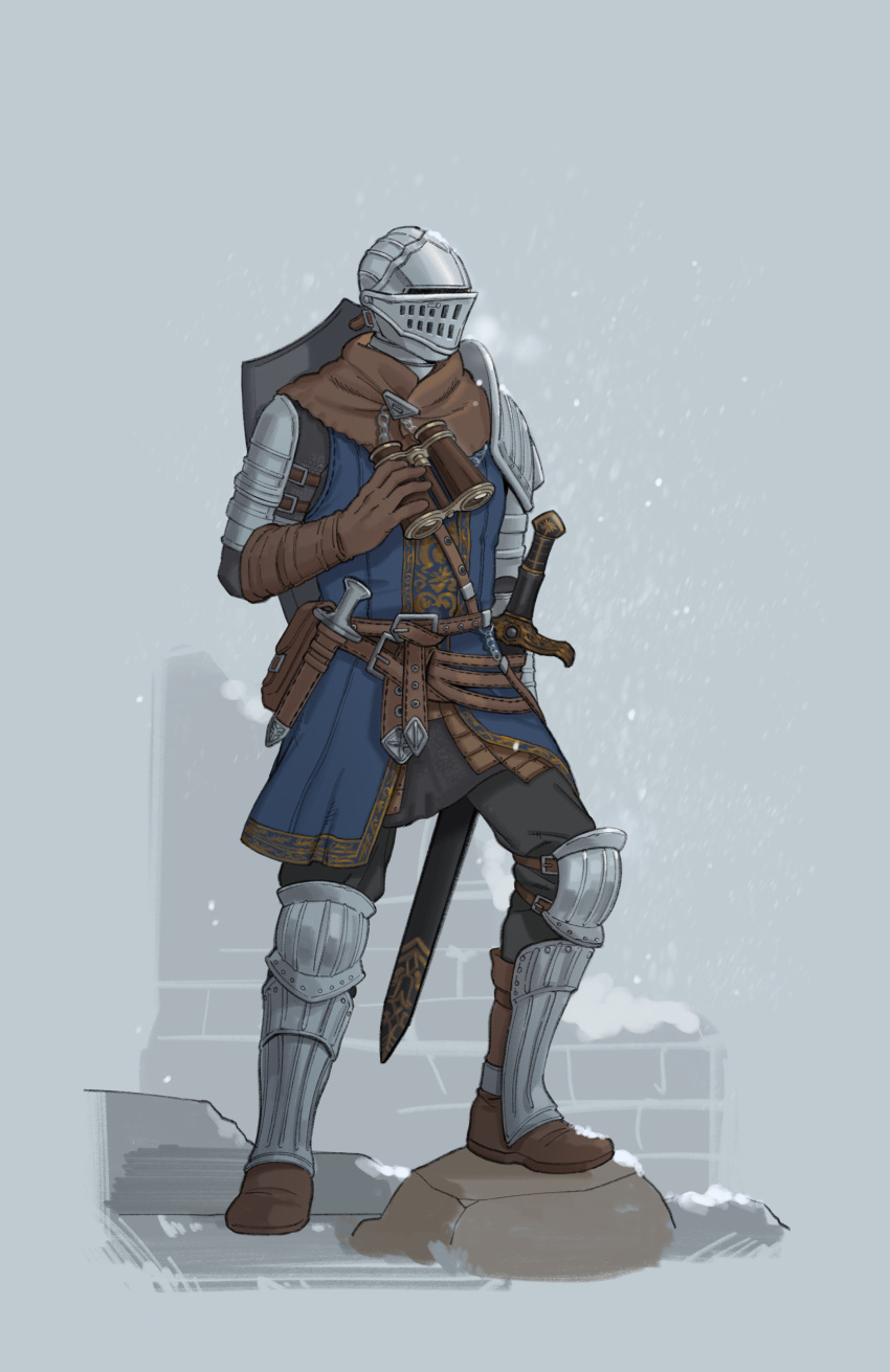 1boy absurdres armor belt belt_pouch binoculars black_pants boots brown_belt brown_footwear brown_gloves brown_scarf dagger dark_souls_(series) dark_souls_i full_body gloves grey_background helm helmet highres holding holding_binoculars knife knight knight_of_astora_oscar leg_armor pants pouch rock scarf sheath sheathed shield shield_on_back shoulder_armor simple_background snow solo sword weapon yixu_damengde