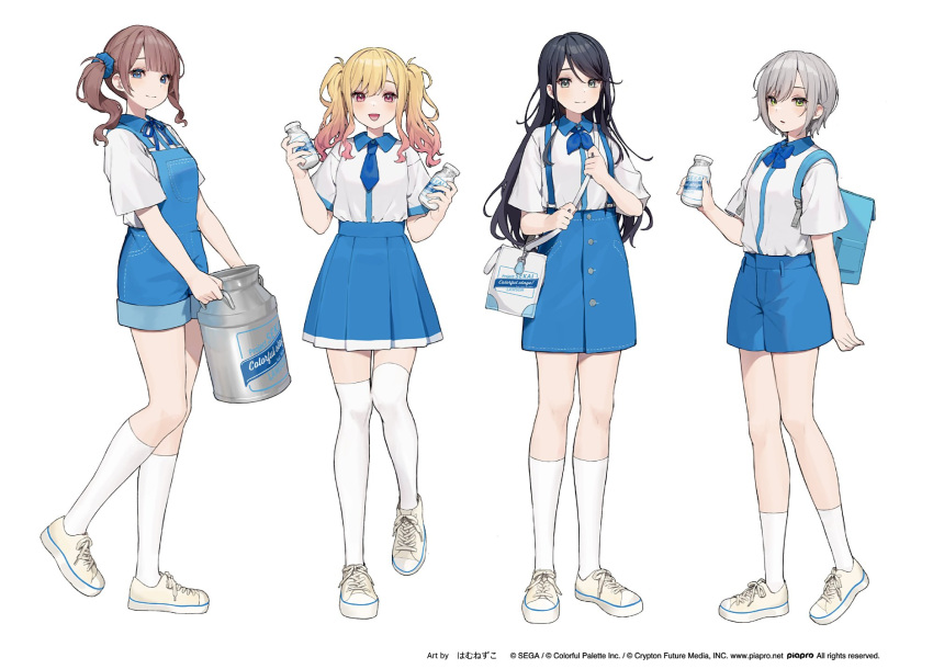 4girls asymmetrical_sidelocks black_hair blonde_hair blue_bow blue_bowtie blue_collar blue_eyes blue_necktie blue_ribbon blue_skirt bow bowtie brown_hair closed_mouth collar cross-laced_footwear daluto_(hitomi555) full_body grey_hair highres hinomori_shiho hoshino_ichika_(project_sekai) kneehighs lawson long_hair looking_at_viewer mochizuki_honami multicolored_hair multiple_girls neck_ribbon necktie official_art open_mouth pink_eyes pink_hair project_sekai ribbon shirt shoes short_hair short_sleeves simple_background skirt smile socks standing tenma_saki thighhighs twintails white_background white_shirt white_socks white_thighhighs yellow_footwear zettai_ryouiki