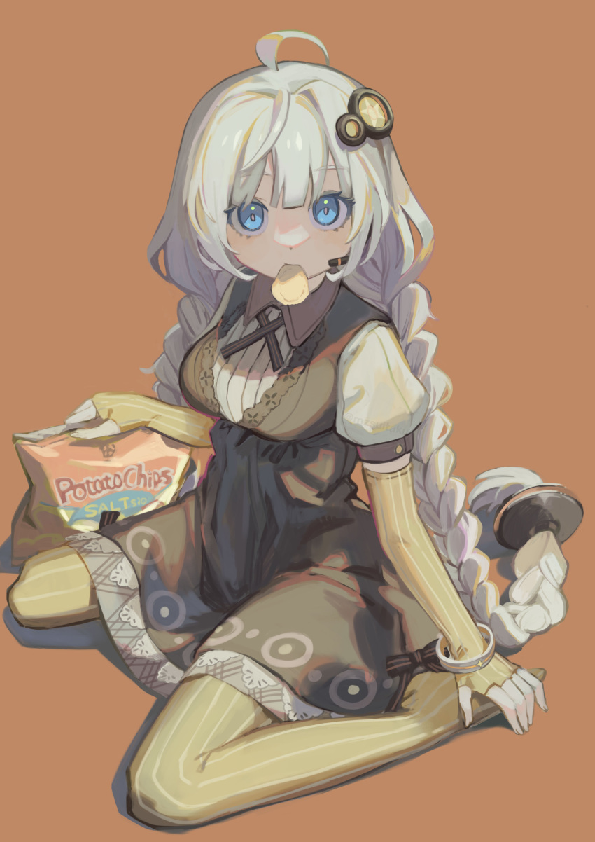 1girl absurdres ahoge black_dress blue_eyes braid breasts chips_(food) collared_shirt cross_tie dress earpiece elbow_gloves food food_in_mouth full_body gloves grey_hair hair_ornament hand_on_own_foot highres kizuna_akari kyo_mizusawa large_breasts long_hair looking_at_viewer low_twin_braids no_shoes orange_background orange_gloves orange_pantyhose pantyhose pinafore_dress potato_chips puffy_short_sleeves puffy_sleeves ribbed_shirt shirt short_sleeves simple_background sitting sleeveless sleeveless_dress solo twin_braids very_long_hair vocaloid voiceroid wariza white_shirt