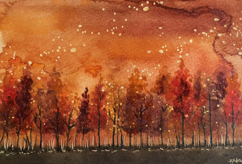 autumn forest highres nature no_humans orange_background original painting_(medium) plant shibakaka traditional_media tree watercolor_(medium)