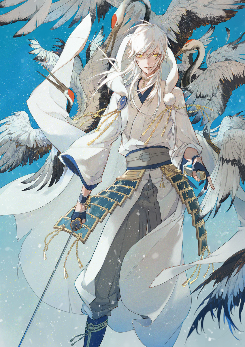 1boy armor bird black_gloves crane_(animal) gloves highres holding holding_sword holding_weapon hood japanese_armor japanese_clothes katana keikoku_(kujira) kusazuri light_particles looking_at_viewer male_focus partially_fingerless_gloves pom_pom_(clothes) solo sword touken_ranbu tsurumaru_kuninaga weapon white_hair yellow_eyes