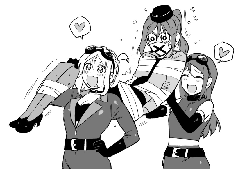 3girls belt blush bodysuit bound bound_arms bound_legs carrying carrying_person choker closed_eyes collared_shirt commentary_request diving_suit drooling elbow_gloves flying_sweatdrops gloves goggles goggles_on_head greyscale hand_on_own_hip hat heart high_heels korean_commentary love_live! love_live!_sunshine!! mask matsuura_kanan midriff monochrome mouth_mask multiple_girls necktie ohara_mari open_mouth pito_(sh02327) ponytail sakurauchi_riko shirt sleeveless sleeveless_shirt spoken_heart