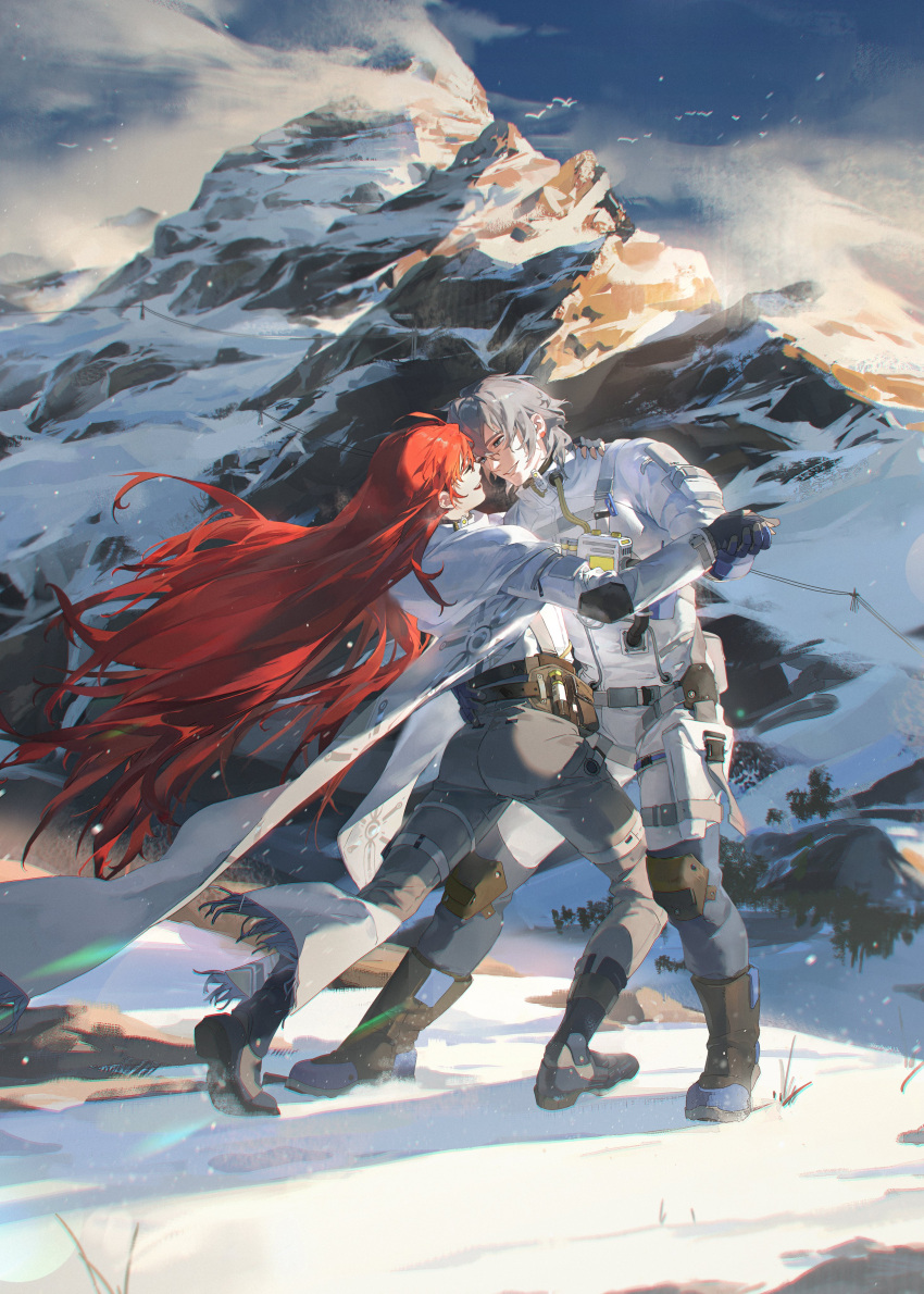 1boy 1girl absurdres belt black_footwear black_gloves boots coat dancing earrings fanny_pack full_body gloves grey_hair highres holding_hands jacket jewelry light_particles long_hair looking_at_another mountain mountainous_horizon original outdoors pants red_eyes red_hair short_hair sky snow standing very_long_hair wangan white_coat white_hair white_jacket