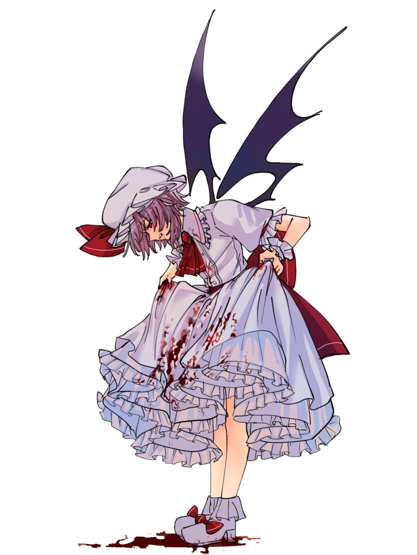 1girl ascot bat_wings blood blood_on_clothes blood_on_face blood_splatter bow clothes_lift collar collared_shirt footwear_bow frilled_collar frilled_cuffs frilled_hat frilled_skirt frilled_sleeves frills hat hat_bow high_heels highres hua88331 large_bow mob_cap pink_shirt pink_skirt puffy_short_sleeves puffy_sleeves purple_hair red_ascot red_bow red_eyes remilia_scarlet shirt short_hair short_sleeves simple_background skirt skirt_lift skirt_set solo touhou weapon wings wrist_cuffs