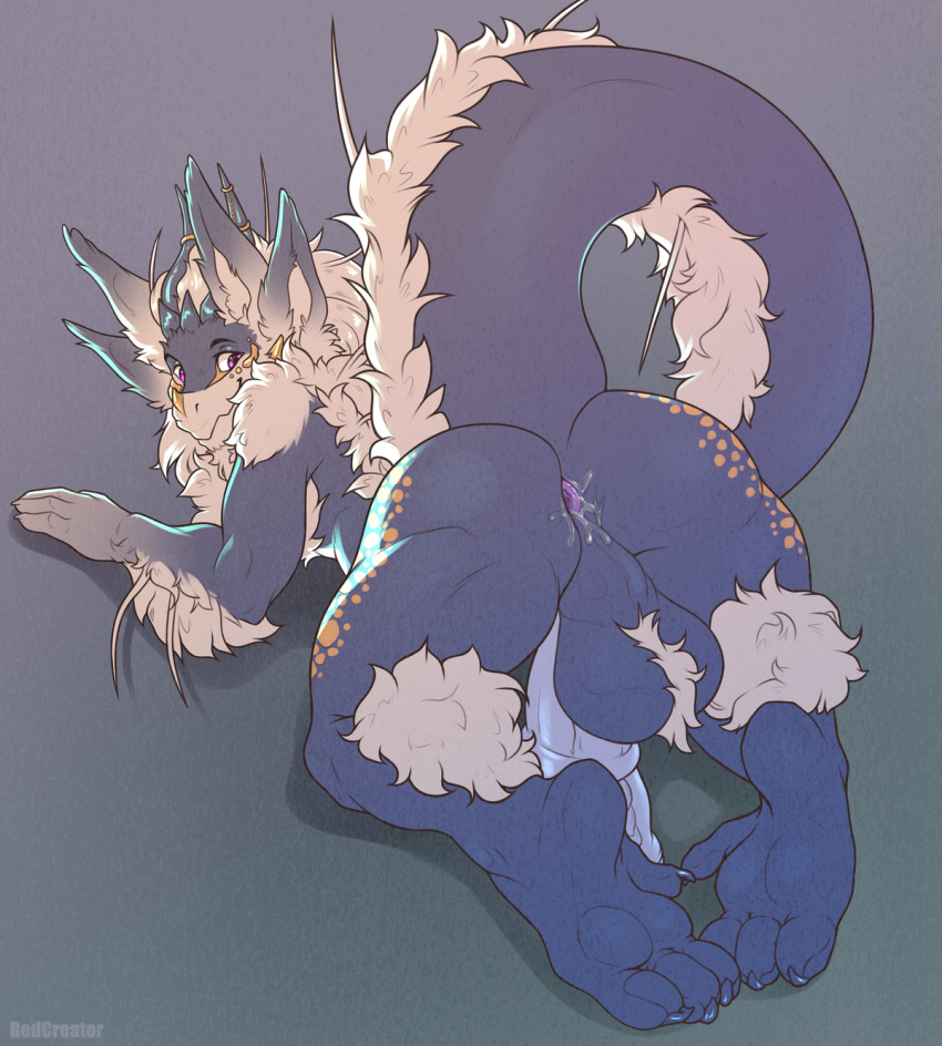 anthro anus arm_tuft aziran_(fluffybastion) ball_tuft balls big_balls big_butt big_tail butt cheek_tuft claws ears_up elbow_tuft facial_tuft feet fluffy fluffy_tail genitals hi_res looking_at_viewer lube lube_in_ass male medial_ring niva_(fluffybastion) penis perineum presenting presenting_anus presenting_hindquarters redcreator smile solo tail toe_claws tuft