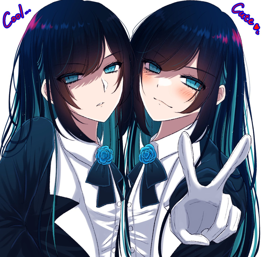 2girls ado_(utaite) black_bow black_bowtie black_coat black_hair blue_eyes blue_flower blue_hair blue_rose bow bowtie breasts chando_(ado) clone closed_mouth cloud_nine_inc coat collared_shirt colored_inner_hair commentary cool_and_cute dress_shirt flower flower_brooch gloves highres long_hair long_sleeves looking_at_viewer mole mole_under_eye multicolored_hair multiple_girls open_clothes open_coat parted_lips rose shadow shirt shoko_(gs_music11) sidelocks simple_background small_breasts two-tone_hair upper_body utaite v white_background white_gloves white_shirt