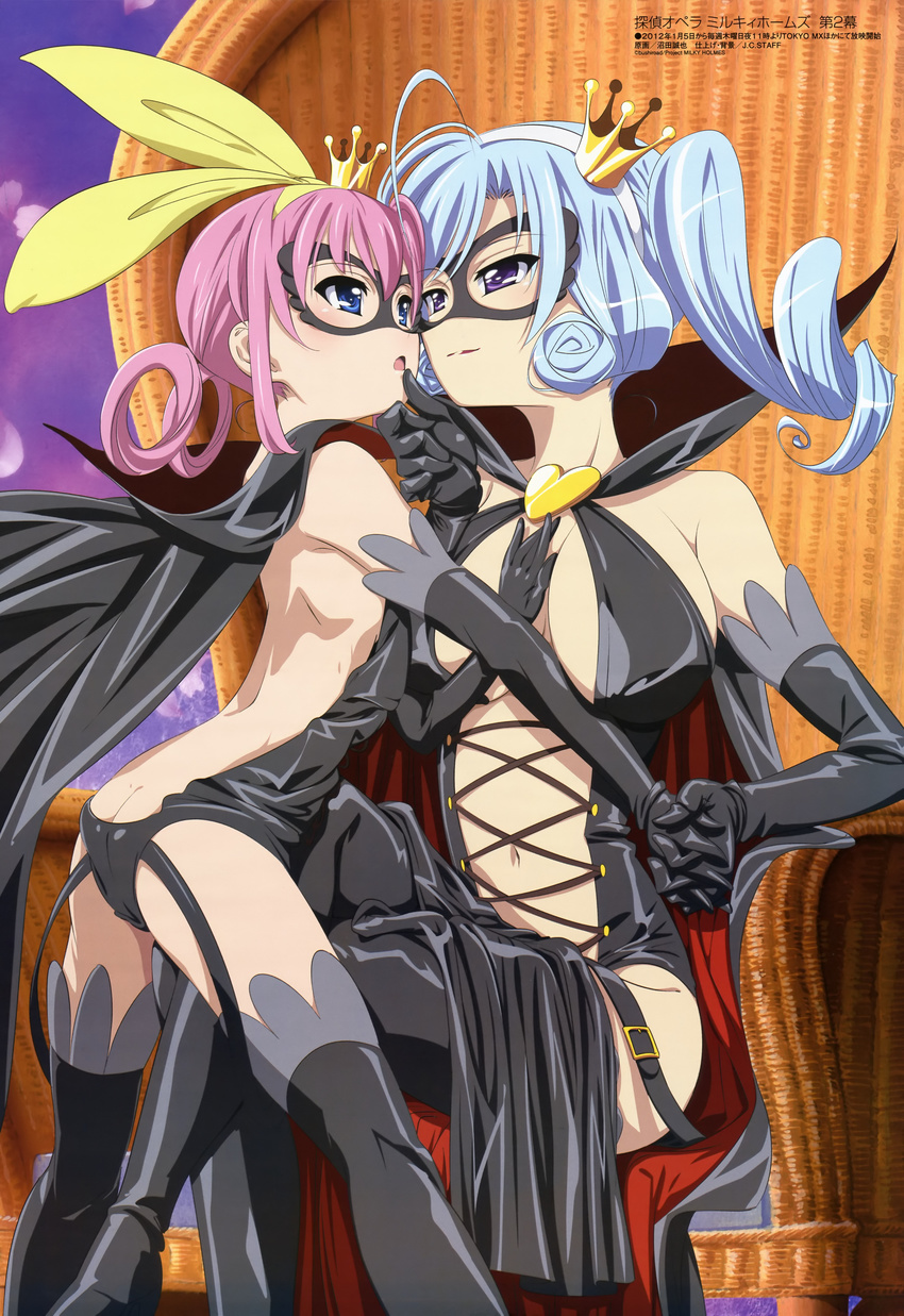 absurdres arsene ass black_legwear blue_hair butt_crack crown elbow_gloves gloves henriette_mystere highres latex long_hair mask megami multiple_girls navel non-web_source numata_seiya official_art pink_hair sherlock_shellingford tantei_opera_milky_holmes thighhighs twintails yuri