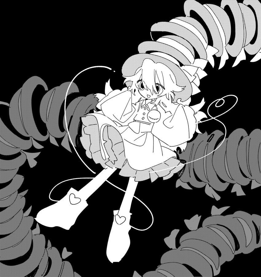 1girl commentary_request frilled_skirt frills full_body greyscale hair_between_eyes hat higa423 highres holding holding_clothes holding_hat komeiji_koishi long_hair long_sleeves monochrome open_mouth screentones shirt shoes skirt solo third_eye too_many_hats touhou unfinished wide_sleeves