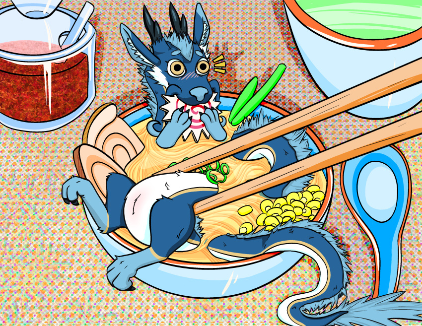 2024 absurd_res andromorph blue_body blue_fur blush blush_lines bowl chewing chopsticks claws container curling_toes detailed_background digital_media_(artwork) dragon eastern_dragon eating eating_food feet feral flustered food food_in_mouth front_view full-length_portrait fur furniture genitals grabbing_object hair hi_res high-angle_view horn intersex long_tail looking_at_viewer lying male mane mane_hair mythological_creature mythological_scalie mythology noodles nude object_in_mouth on_back partially_submerged portrait prismfloof pussy ramen realistic scalie shaded shadow slit_(disambiguation) slomnir solo surprise surprised_expression table tail tail_tuft toe_claws tuft water whiskers white_body white_fur wide_eyed yellow_body yellow_fur