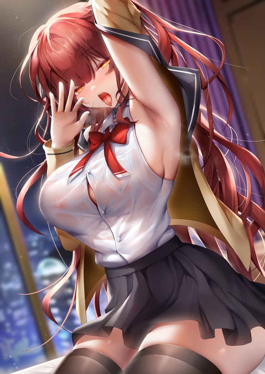1girl absurdres arm_up armpits been black_skirt black_thighhighs blurry blurry_background breast_pocket breasts elesis_(elsword) elsword fellatio_gesture highres jacket large_breasts long_sleeves looking_at_viewer miniskirt night open_clothes open_jacket open_mouth oral_invitation orange_eyes pocket red_hair saliva school_uniform see-through see-through_shirt shirt sitting skirt sleeveless sleeveless_shirt solo thighhighs tongue tongue_out wet wet_clothes wet_shirt white_shirt yellow_jacket zettai_ryouiki