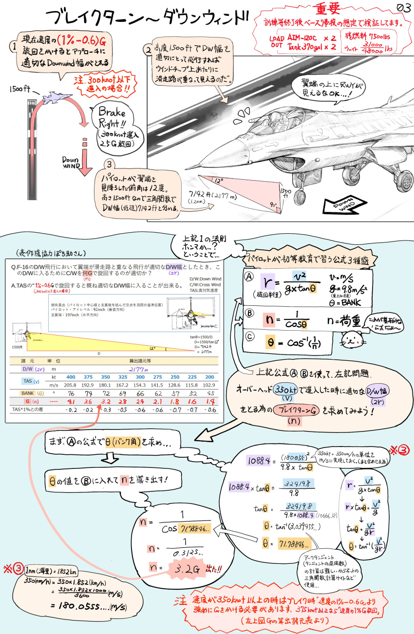 1other absurdres aircraft airplane arrow_(symbol) commentary_request f-16_fighting_falcon fighter_jet highres jet math military_vehicle mochi_(circle_rin) monochrome original runway text_focus translation_request trigonometry