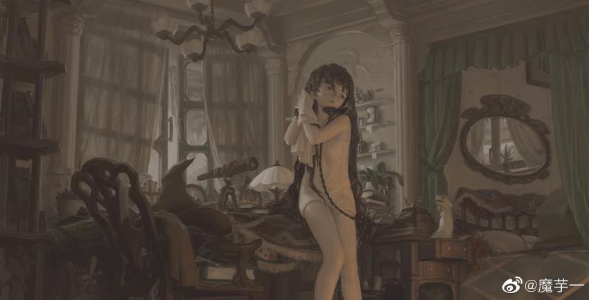 1girl antique_phone bad_perspective bed brown_hair canopy_bed chair curtains hat highres indoors loaded_interior long_hair mirror moyu_(pixiv1928263) naked_towel original petite phone rotary_phone solo table telescope towel window witch witch_hat