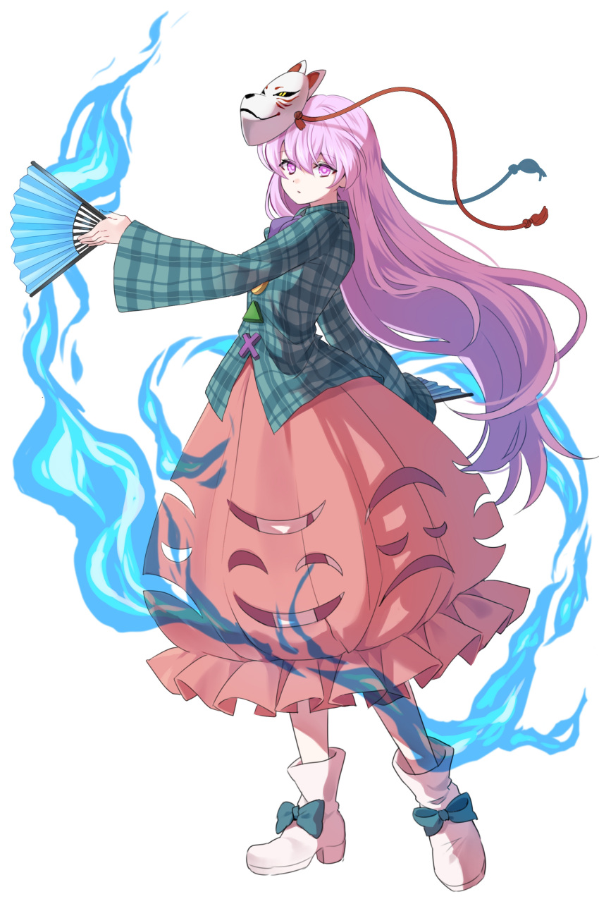 1girl absurdres arm_at_side blue_fire boots bow collared_shirt commentary dual_wielding english_commentary expressionless fire floating_hair folding_fan fox_mask full_body green_shirt hair_between_eyes hand_fan hand_up hata_no_kokoro highres holding holding_fan long_hair long_sleeves looking_at_viewer mask mask_on_head orange_skirt parted_lips pink_eyes pink_hair plaid plaid_shirt purple_bow shirt simple_background skirt solo standing straight_hair touhou tsurime very_long_hair white_background white_footwear wide_sleeves xantam0129