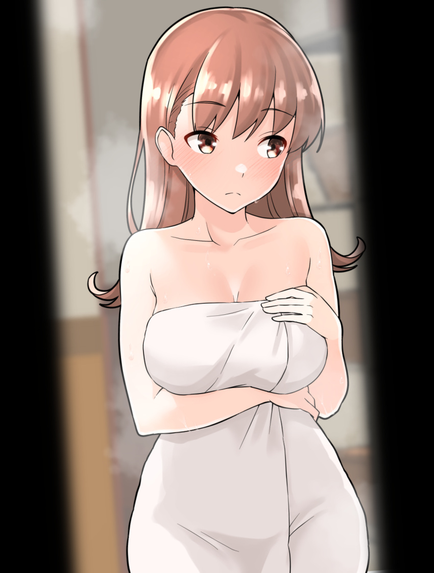 1girl after_bathing blurry blurry_background breasts brown_eyes brown_hair furaggu_(frag_0416) highres kantai_collection large_breasts long_hair looking_to_the_side naked_towel ooi_(kancolle) pov_doorway solo standing towel white_towel