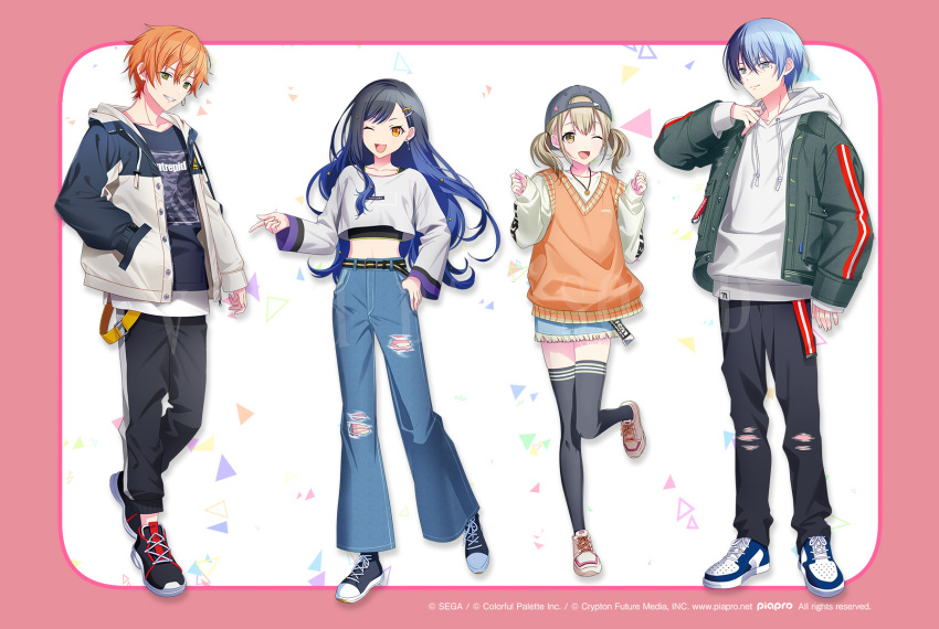 2boys 2girls aoyagi_touya azusawa_kohane black_footwear black_hair black_pants blonde_hair blue_hair blue_pants blue_shorts crop_top green_jacket hair_between_eyes highres hood hoodie jacket jewelry long_hair midriff multicolored_hair multiple_boys multiple_girls murakami_yuichi necklace one_eye_closed open_mouth orange_hair orange_vest pants project_sekai shinonome_akito shiraishi_an shirt shoes short_hair shorts smile sneakers stomach thighhighs torn_clothes torn_pants twintails vest vivid_bad_squad_(project_sekai) white_hoodie white_jacket white_shirt