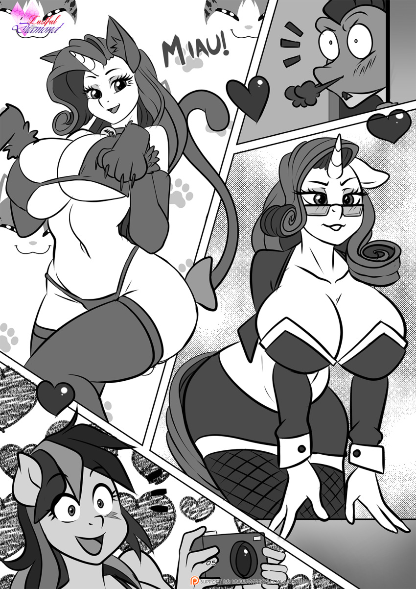 anthro big_breasts biped blush breasts cleavage clothed clothing comic dialogue dragon equid equine eyelashes female friendship_is_magic hair hasbro heart_symbol hi_res legwear male mammal my_little_pony mythological_creature mythological_scalie mythology open_mouth pia-sama pupils rainbow_dash_(mlp) rarity_(mlp) scalie smile spike_(mlp) text thick_thighs thigh_highs