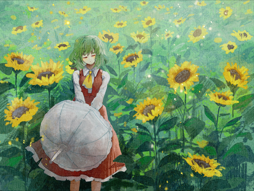 1girl ascot closed_eyes collared_shirt field flower flower_field ge_dazuo green_hair highres holding holding_umbrella kazami_yuuka long_sleeves medium_hair open_clothes open_vest parasol red_skirt red_vest shirt skirt skirt_set solo sunflower sunflower_field touhou umbrella vest white_shirt yellow_ascot yellow_flower