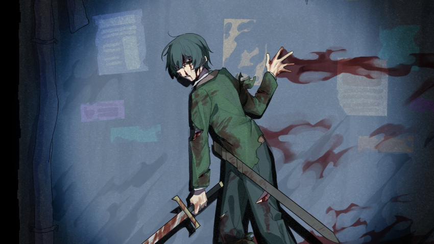 1boy black_eyes black_hair blood blood_on_clothes blood_on_face blue_pants cowboy_shot green_jacket hand_up highres holding holding_sword holding_weapon injury jacket limbus_company looking_at_viewer pants parted_lips project_moon sheath solo sword weapon yi_sang_(project_moon) yutakebus