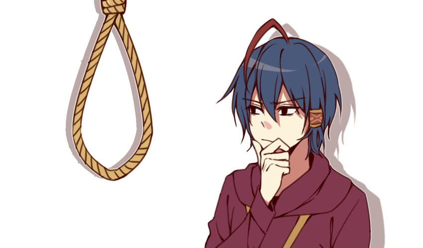 1boy ahoge biyo black_eyes black_hair closed_mouth hair_between_eyes hand_on_own_chin hood hood_down hoodie jewelry looking_at_object male_focus man_looking_at_noose_(meme) meme multicolored_hair necklace noose red_hair red_hoodie rope shadow short_hair simple_background single_hair_tube solo thinking white_background wilardo_adler witch's_heart