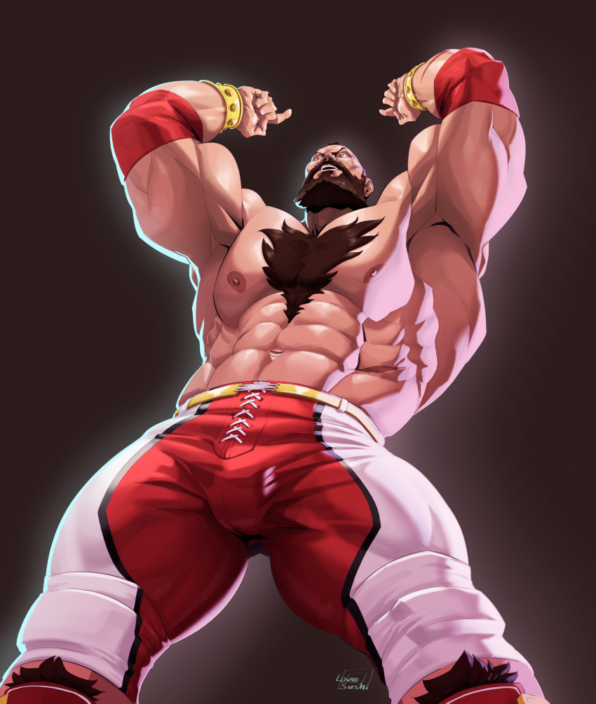 abs absurdres armpits arms_up bara beard body_fur brown_hair bulge facial_hair feet_out_of_frame foreshortening from_below full_beard highres large_pectorals looking_ahead lovesushiaf male_focus mature_male mohawk muscular muscular_male navel nipples pectorals short_hair smile standing stomach street_fighter street_fighter_6 strongman_waist thick_beard thick_chest_hair thick_eyebrows thick_leg_hair thick_thighs thighs topless_male zangief