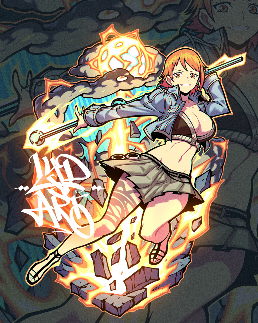 1girl bare_legs black_footwear blue_jacket breasts cleavage clima-tact cloud commentary crop_top cropped_jacket debris electricity english_commentary eyelashes full_body grey_skirt grin highres holding holding_weapon jacket linea_alba looking_at_viewer lydart_mclo medium_breasts miniskirt nami_(one_piece) navel one_piece open_clothes open_jacket orange_eyes orange_hair orange_outline outline outstretched_arm pleated_skirt polearm sandals short_hair signature skirt smile solo stomach weapon zoom_layer