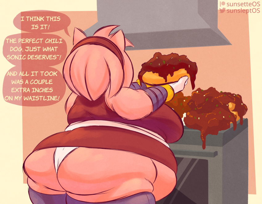 accessory amy_rose anthro appliance belly belly_overhang big_belly big_butt bracelet butt chili_dog clothing dress eulipotyphlan female food gloves hair_accessory hairband handwear hedgehog hi_res hot_dog huge_butt jewelry legwear mammal muffin_top obese overweight panties sega solo sonic_boom sonic_the_hedgehog_(series) speech_bubble stove sunsleptos thigh_highs underwear