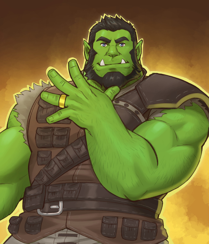 1boy absurdres armor bara beard brexothoruk_(orcanist) colored_skin facial_hair full_beard green_skin highres hoobie_wah!_(thegoodbyed) large_pectorals looking_at_viewer male_focus mature_male monster_boy muscular muscular_male neckwear_grab orc original pauldrons pectorals pointy_ears short_hair shoulder_armor single_pauldron sleeveless smile solo sparse_arm_hair thick_beard thick_eyebrows thick_neck tusks upper_body