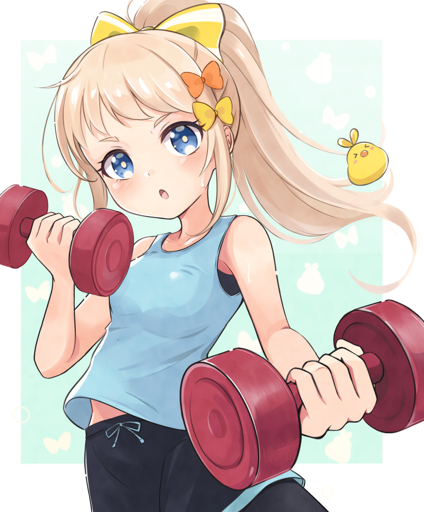 1girl absurdres asamiya_oki bird blonde_hair blue_eyes blush bow clothes_lift dumbbell exercise hair_bow highres holding indie_virtual_youtuber leggings_under_shorts long_hair open_mouth ponytail shirt_lift shorts solo sports_bra sportswear sweat virtual_youtuber weightlifting yodakeke